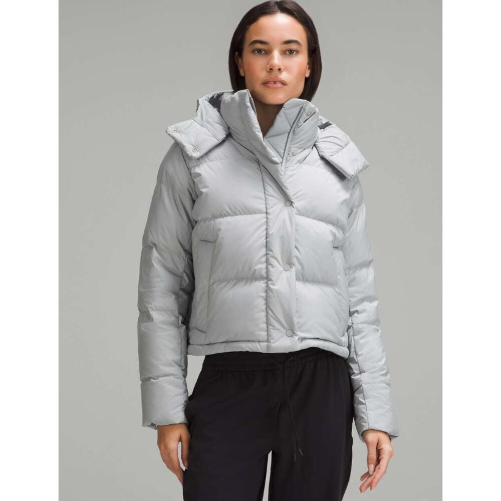 Lululemon Wunder Puff Cropped Jacket Silver Drop Size 2 Xxs Removable Hood Goose